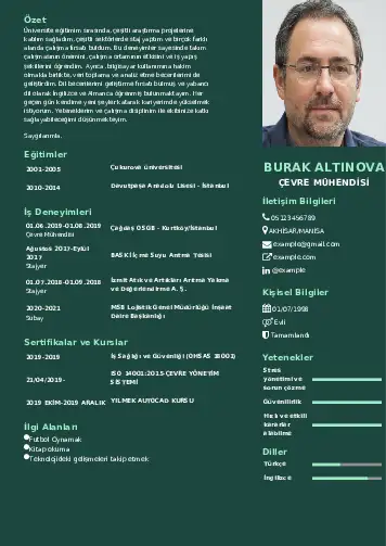 Çevre Mühendisi CV Örnekleri cv indir